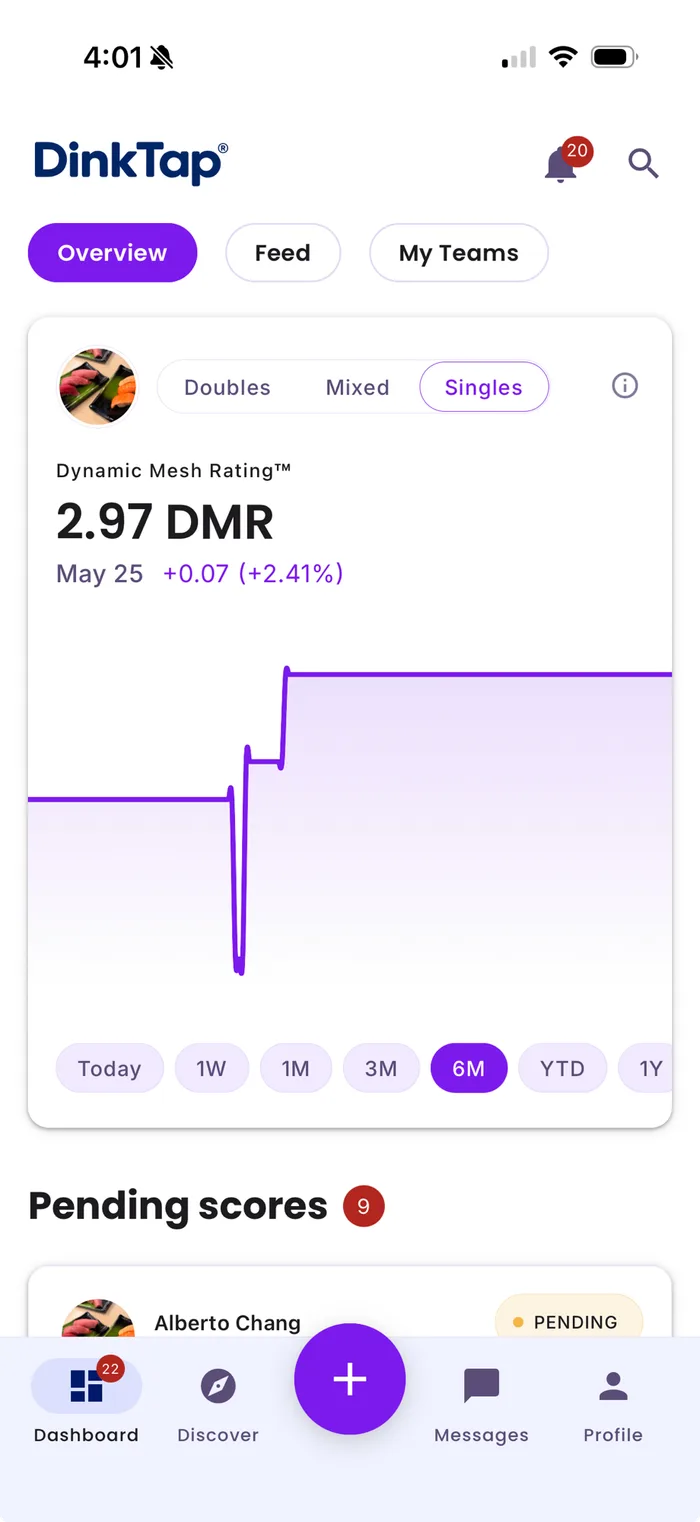 The DinkTap player app — tracking your Dynamic Mesh Rating™ (DMR) over time